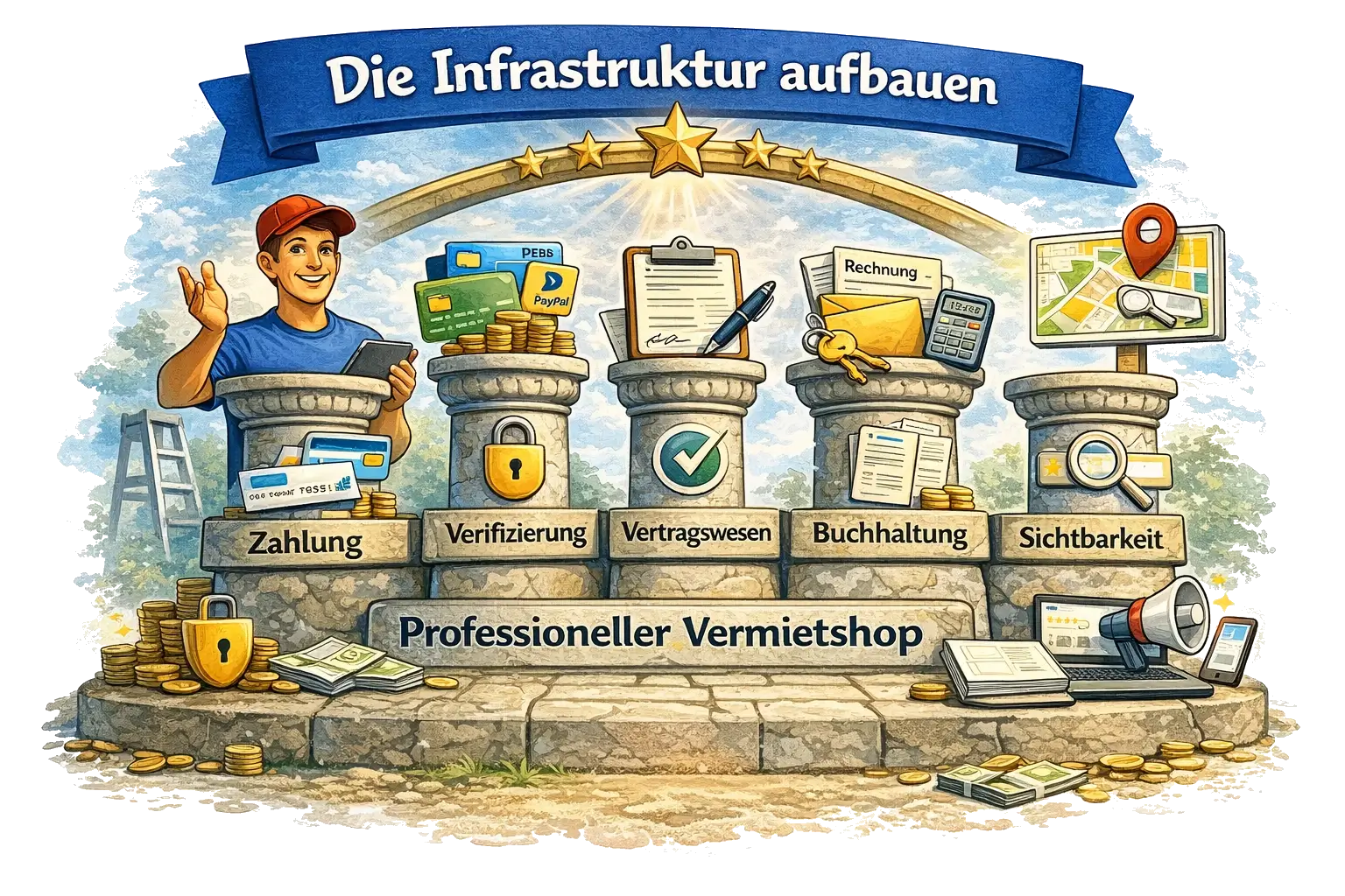 Fünf Säulen eines Vermietshops: Zahlung, Verifizierung, Vertrag, Buchhaltung, Sichtbarkeit